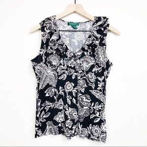 Ralph Lauren Ruffle Front Top Floral Black White